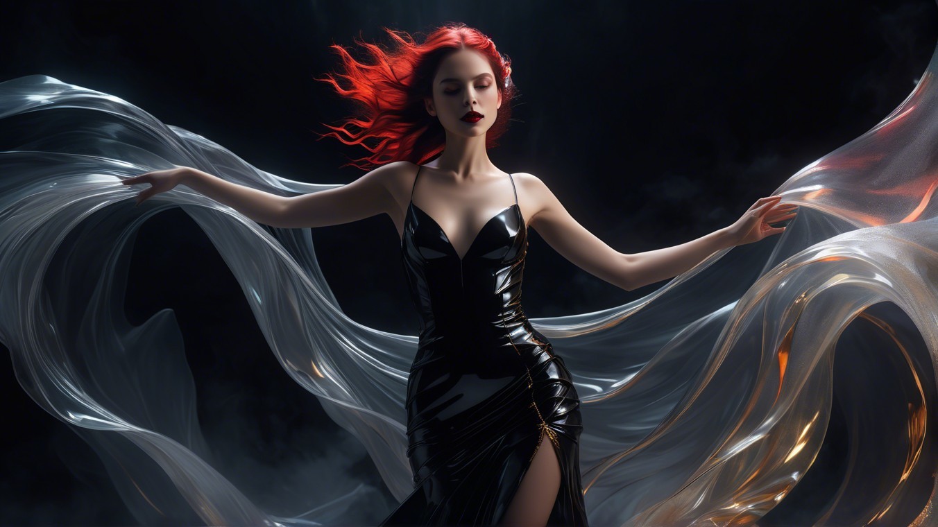 Elegant Figure in Black Gown with Red Hair and Fabrics