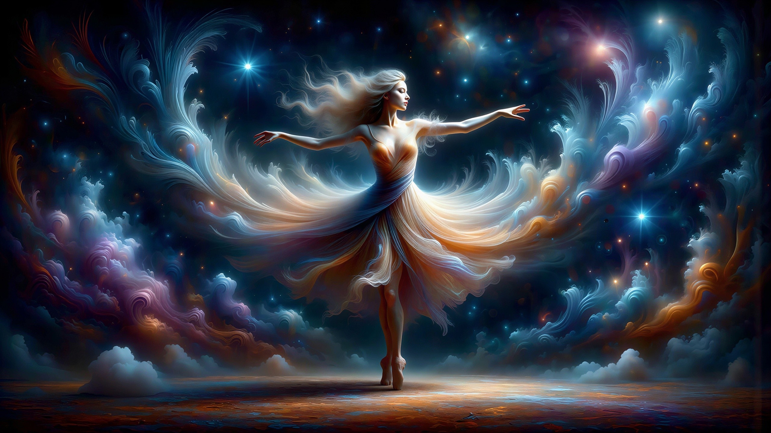 Surreal Digital Art of Ballerina in Cosmic Dreamscape