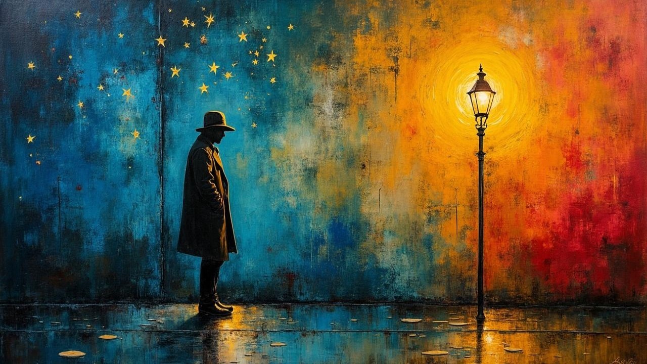Solitary Figure on a Wet Street Under Night Sky