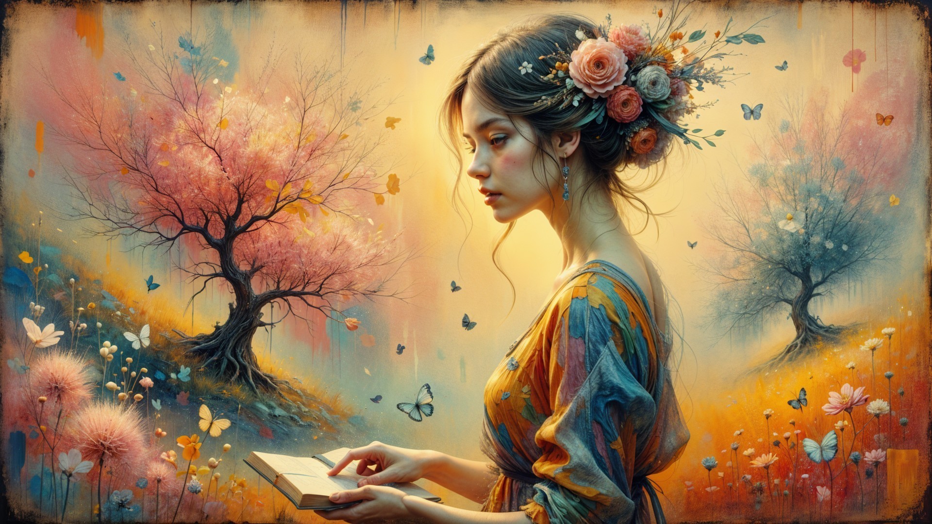 Young woman reading in a vibrant, dreamy landscape