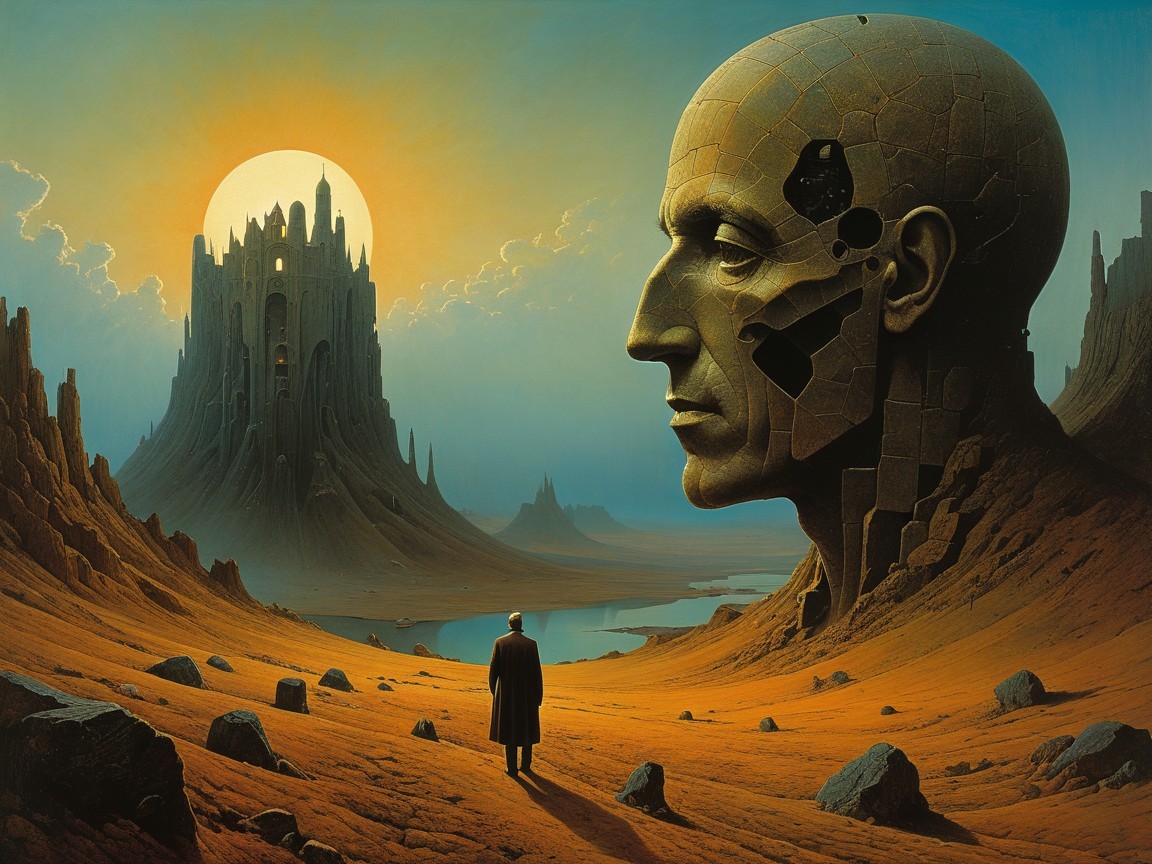 Surreal Landscape with Colossal Face and Castle Structure