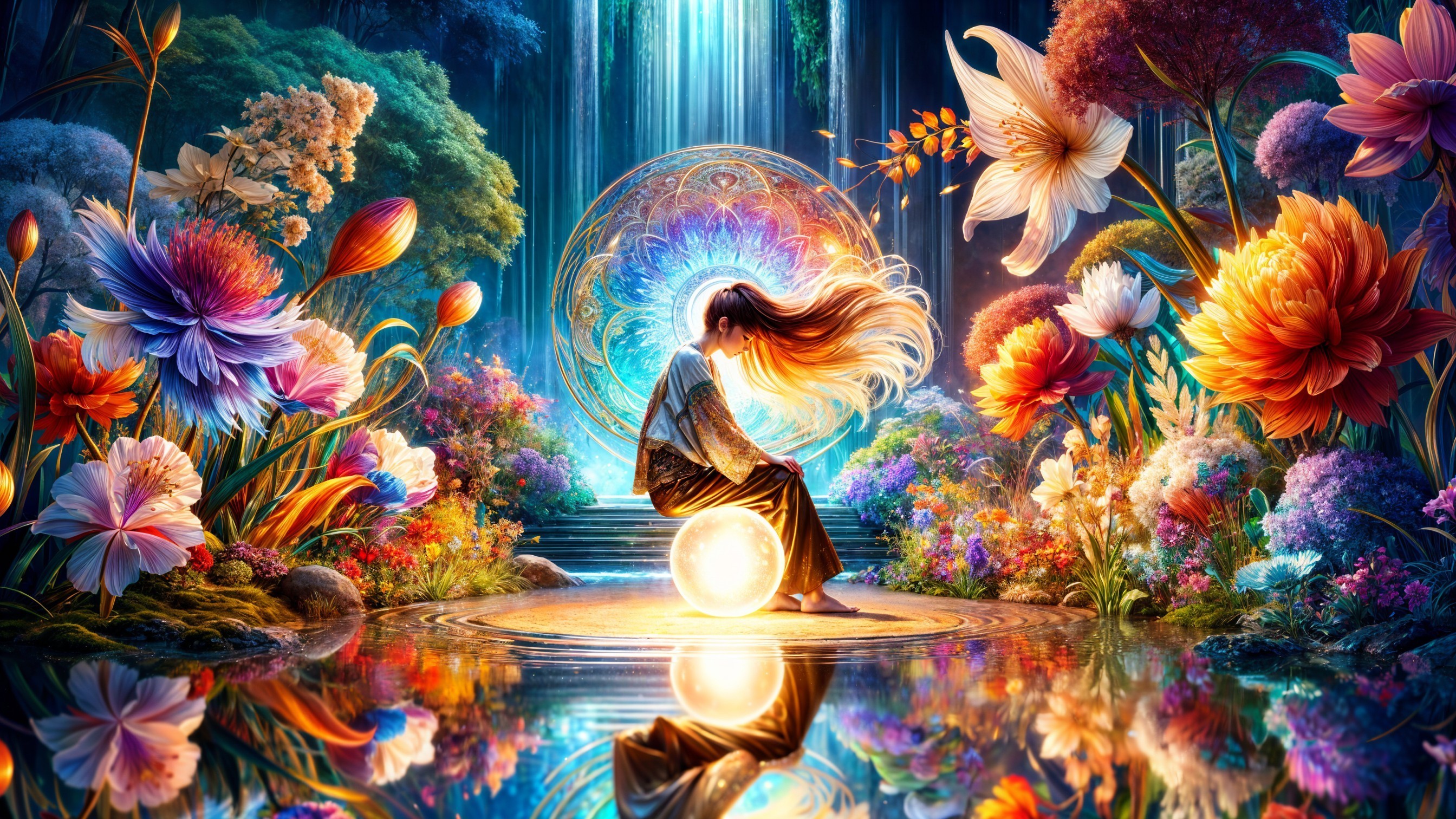 Serene figure in an ethereal garden with vibrant flora