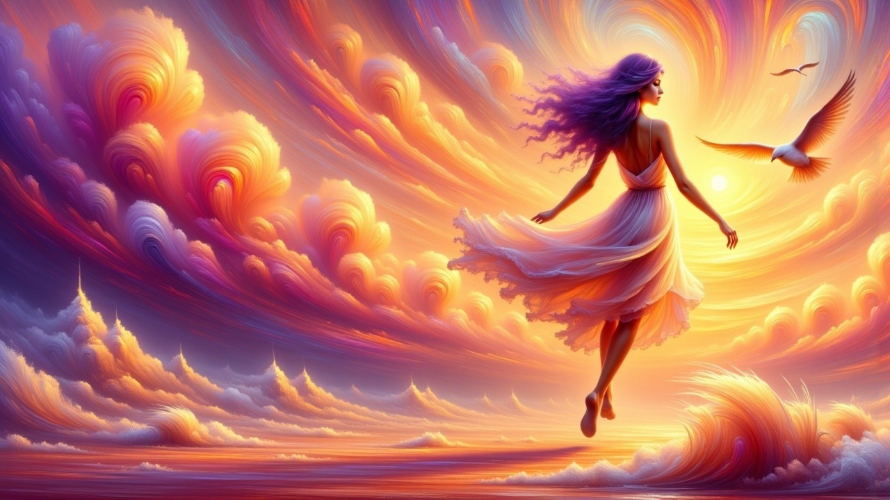 Woman in White Dress Soaring Above Vibrant Sunset Sky