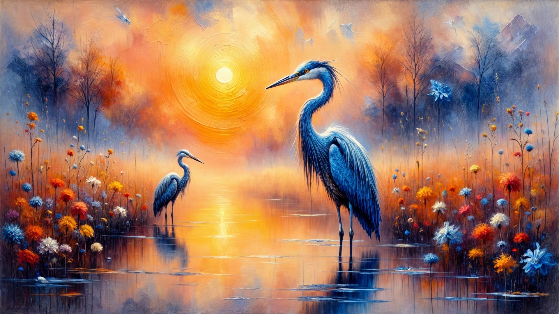Serene Sunset Landscape with Herons and Blooming Flowers