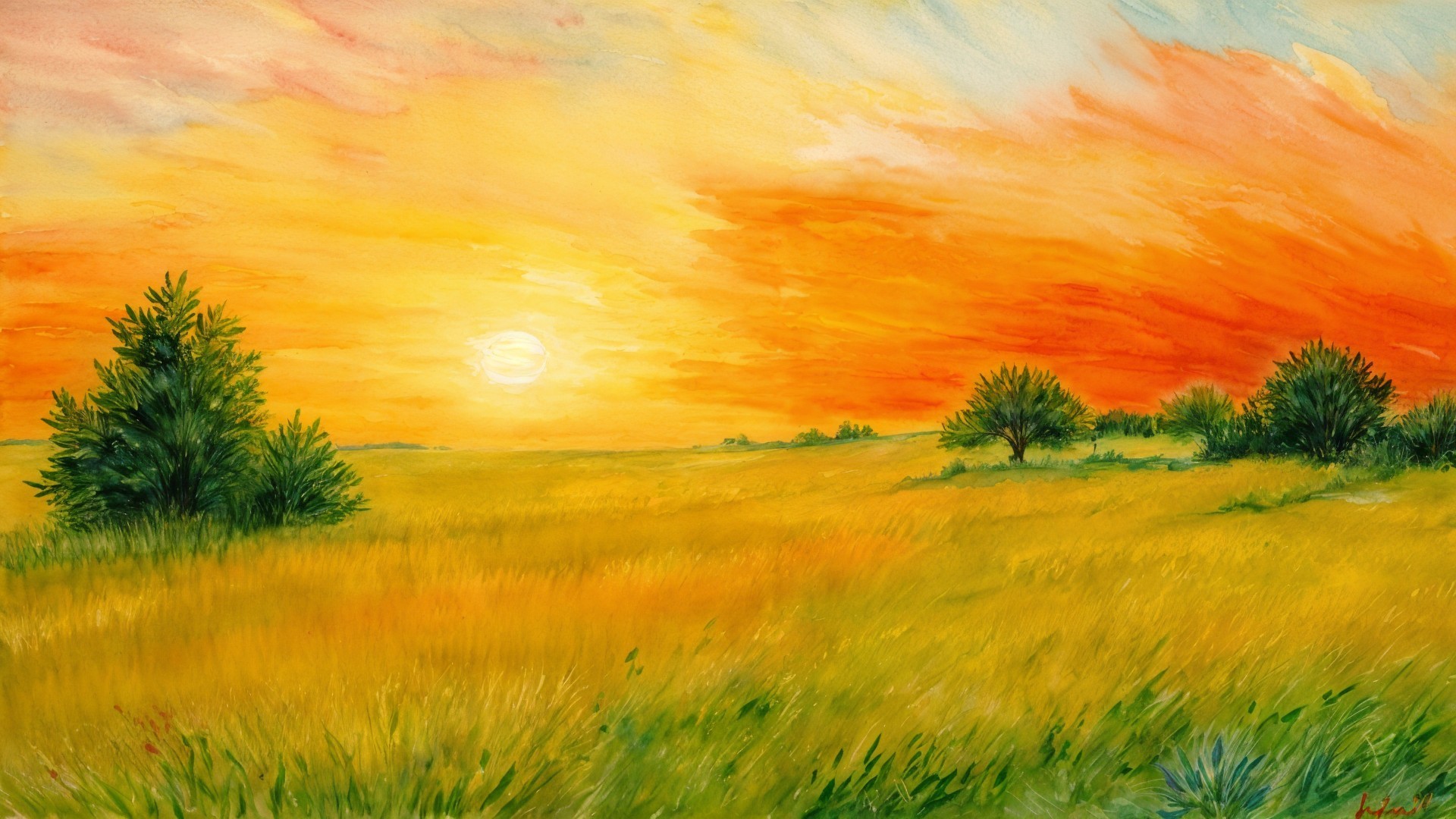 Vibrant Sunset Over Tranquil Landscape and Field