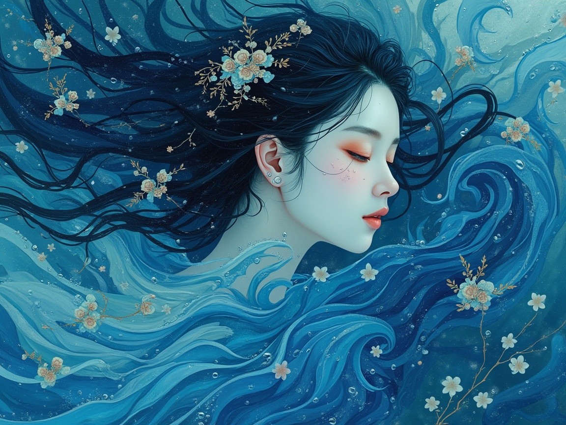 Serene Portrait of a Woman in Flowing Blue Waves