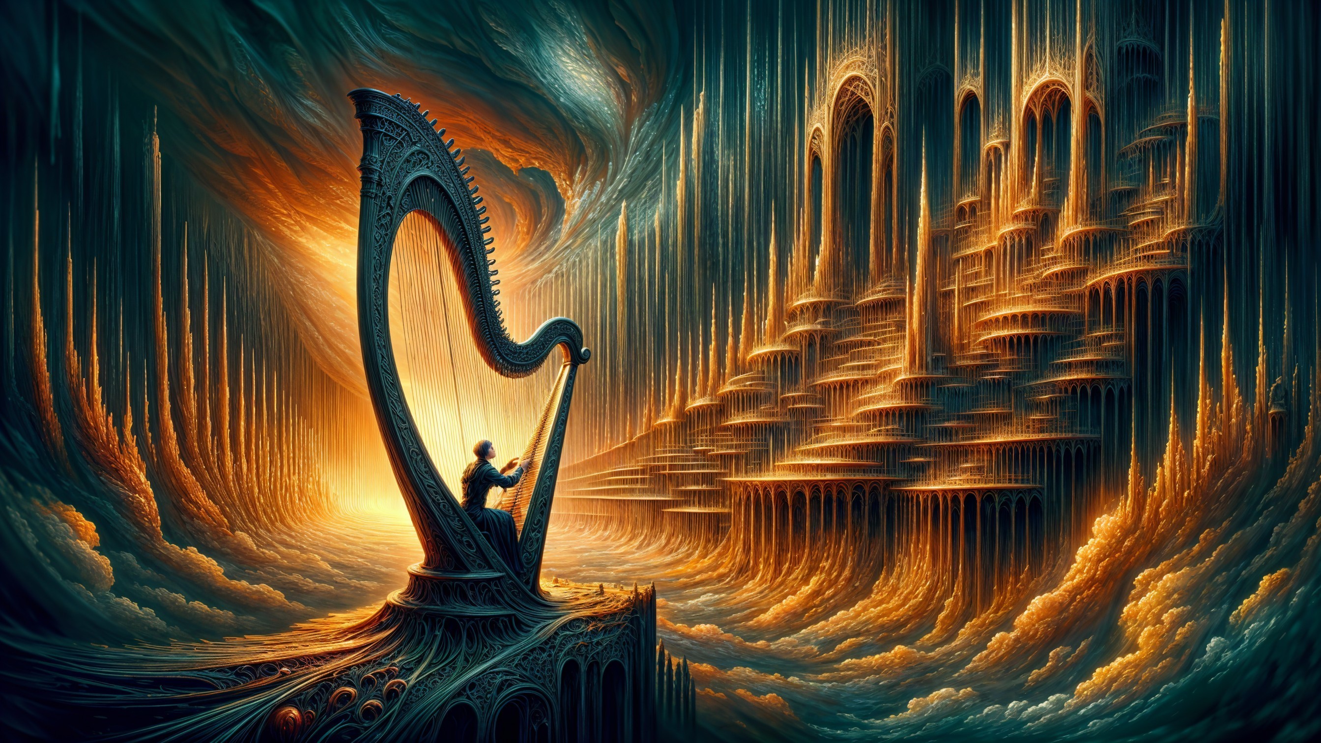 Surreal Scene with Harpist on Ornate Structure