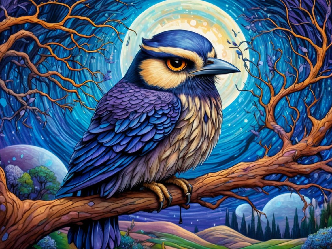 Majestic bird on branch under vibrant night sky