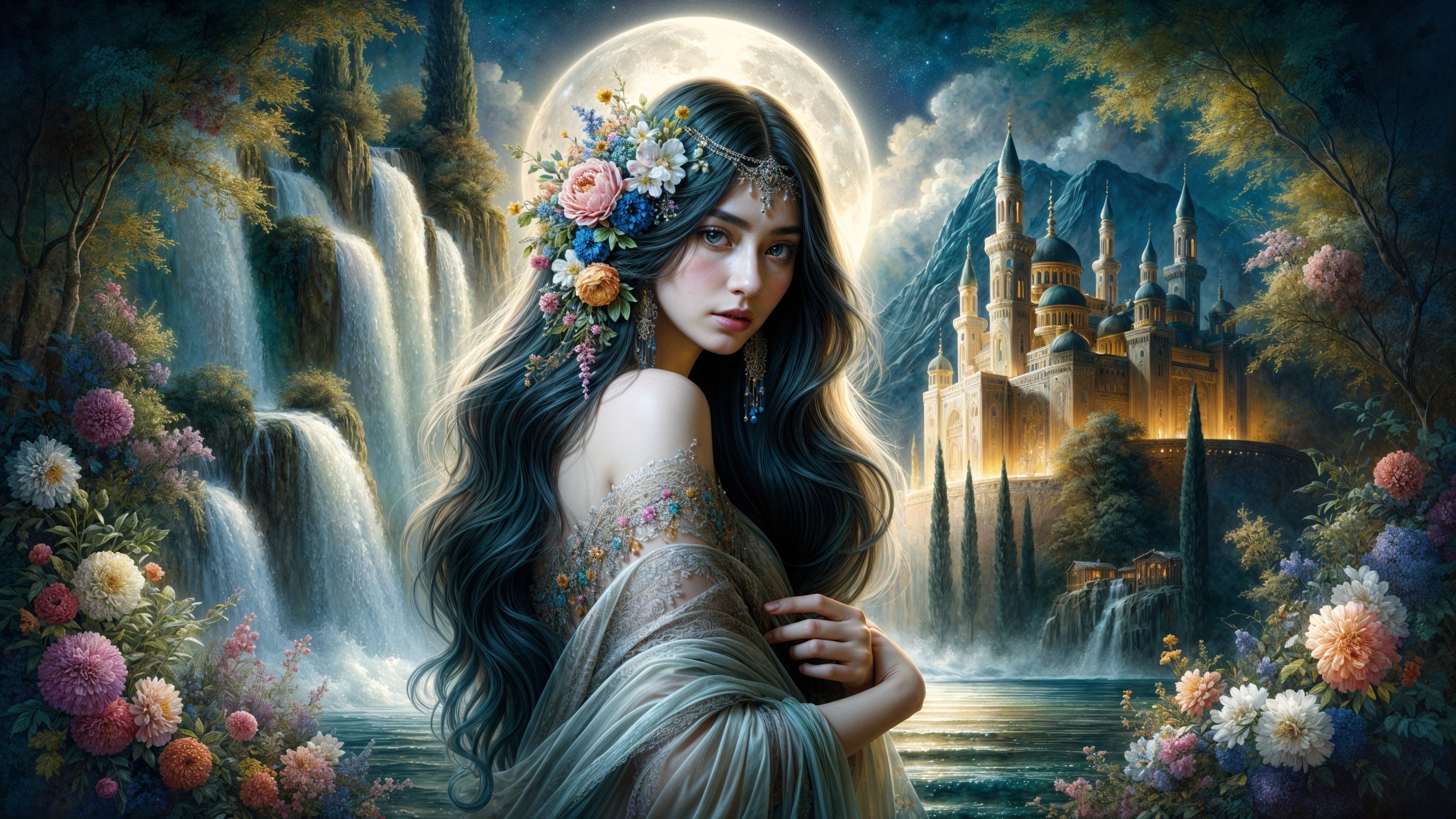 Ethereal Woman by Waterfalls with Castle Background