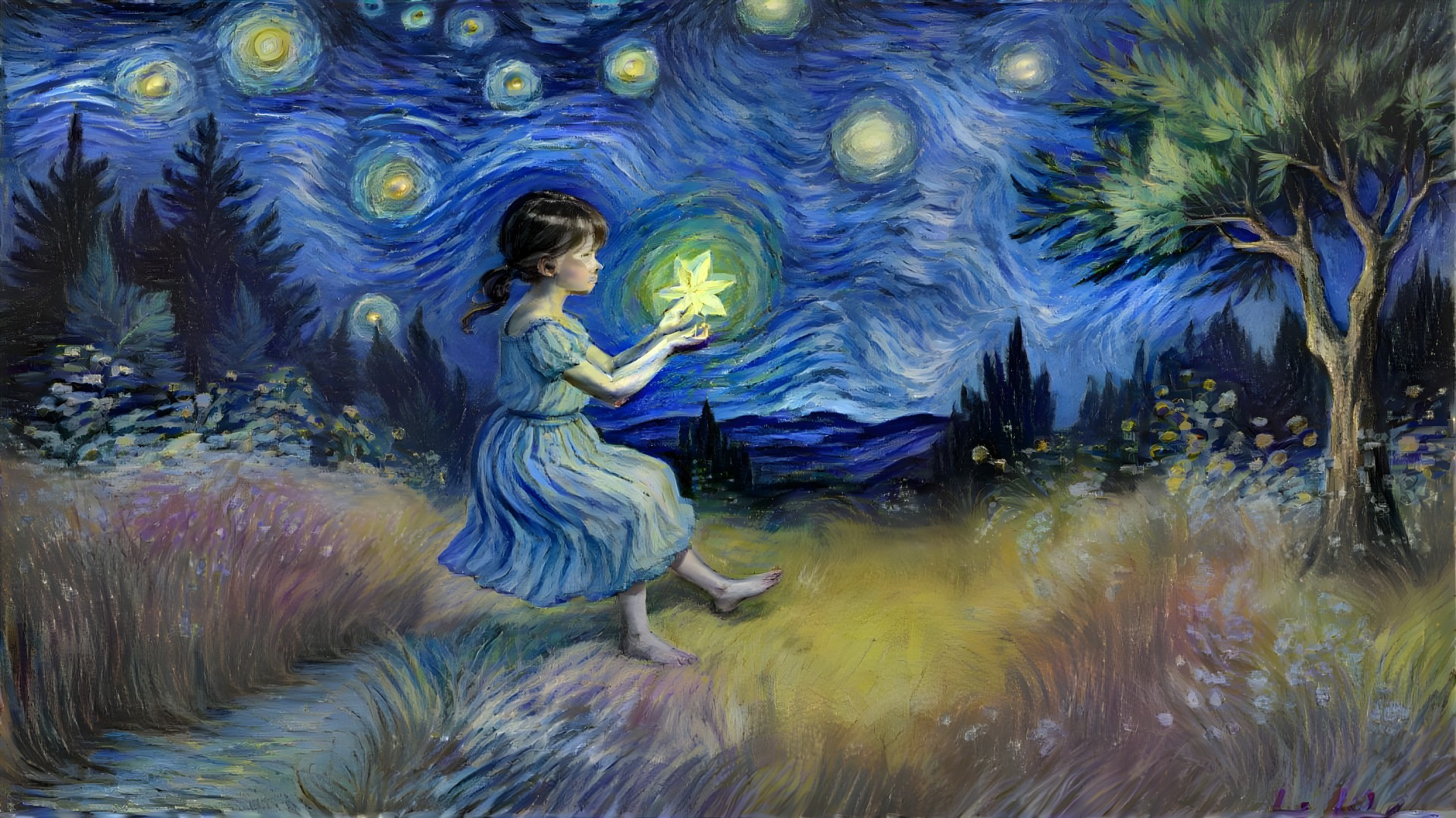 Young girl in blue dress holds glowing star in nature