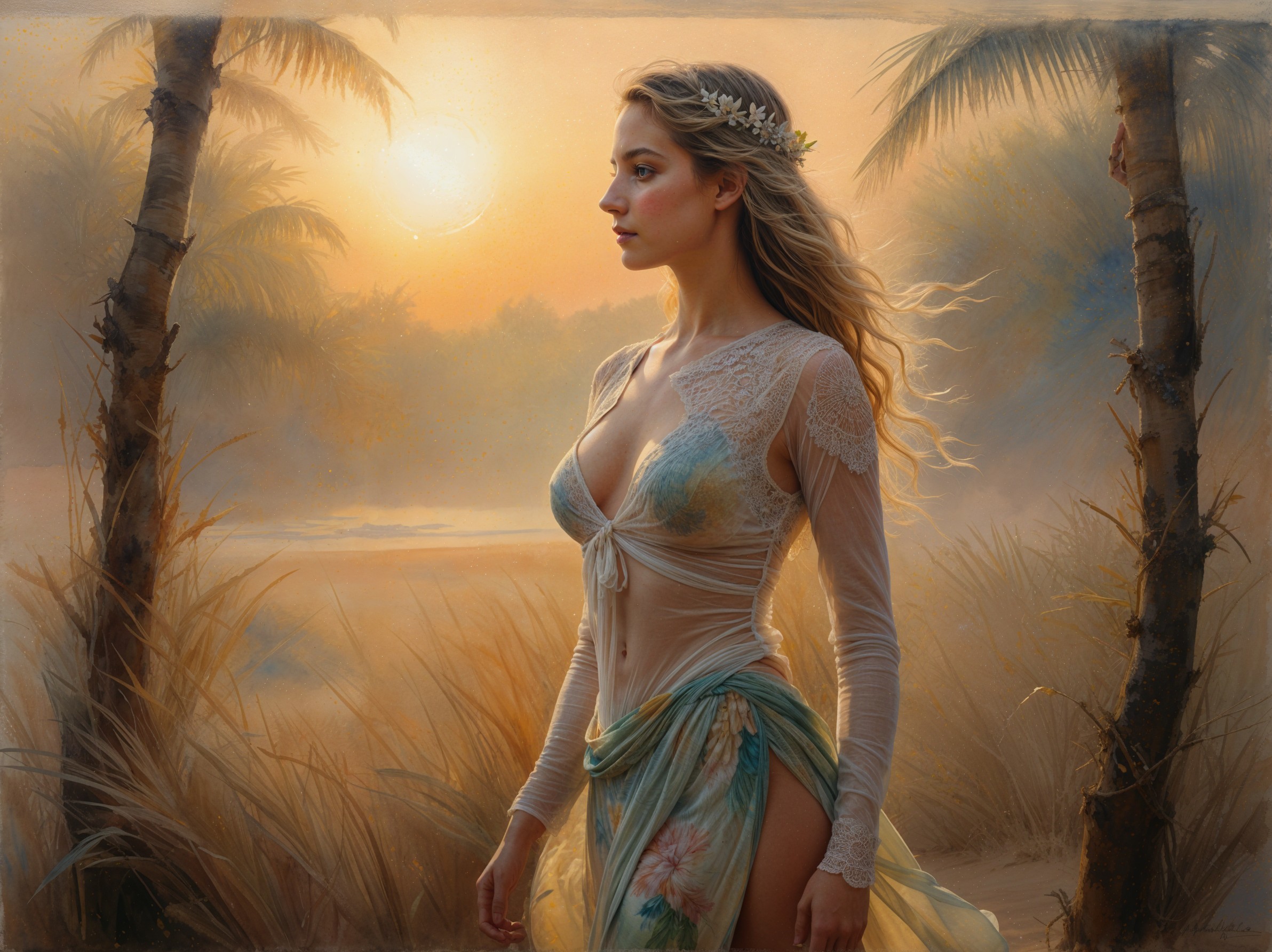 Woman in Sunlit Landscape with Palm Trees and Grasses