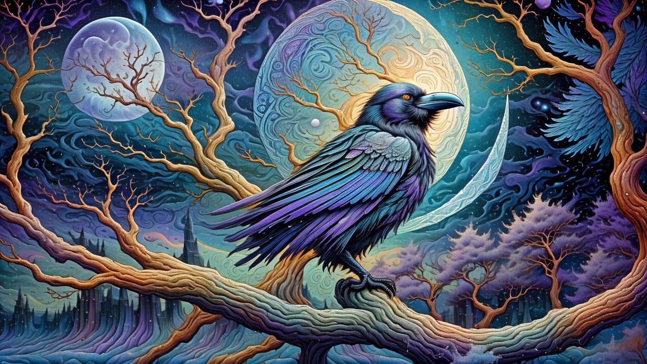 Mystical Raven on Gnarled Branch in Cosmic Scene