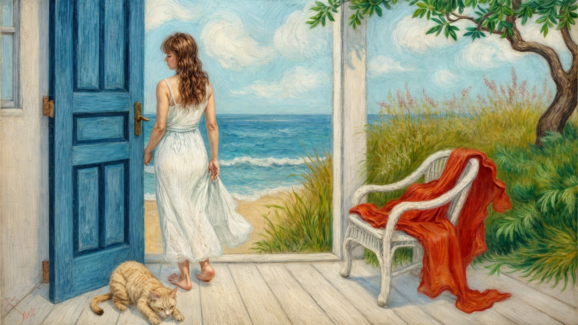Woman in White Dress at Ocean View Doorway