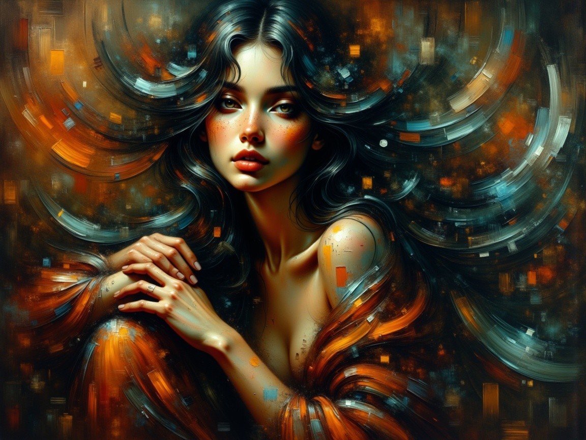 Portrait of a Woman with Flowing Hair and Abstract Background