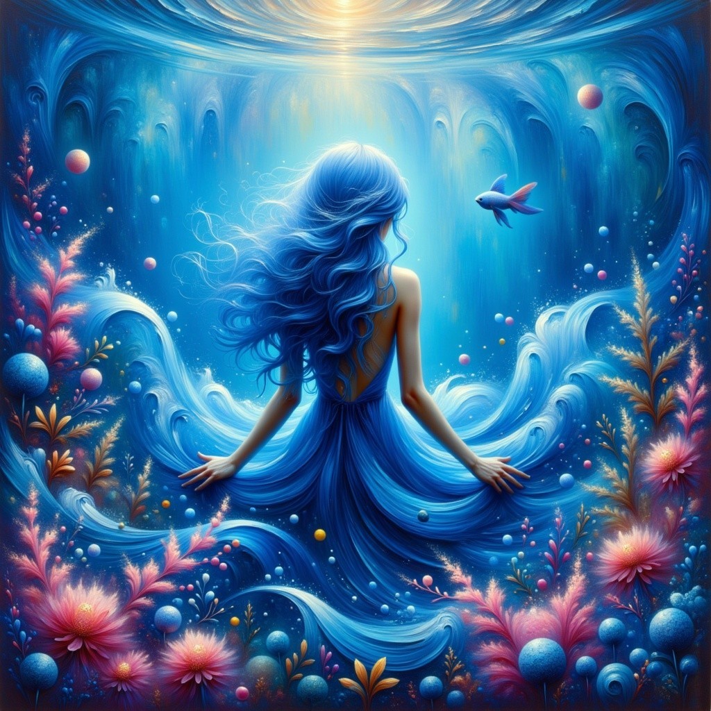Serene Underwater Scene with Flowing Blue Hair