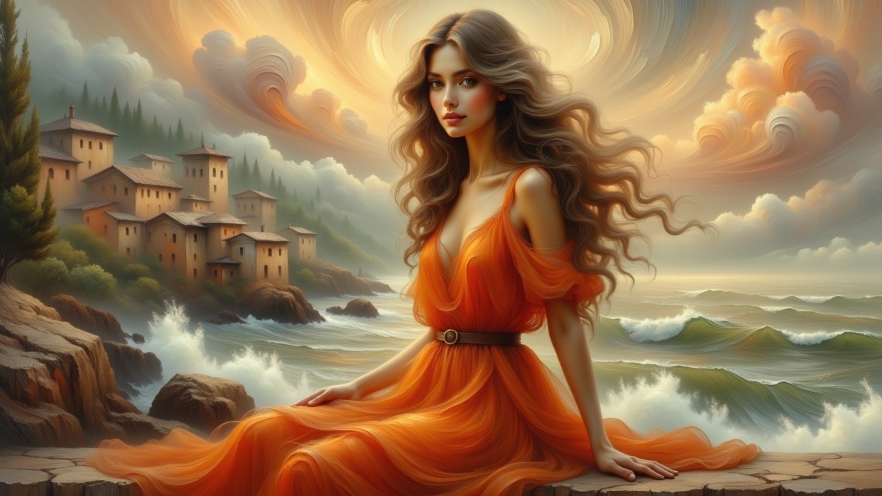 Young Woman in Orange Dress by Serene Ocean Scene