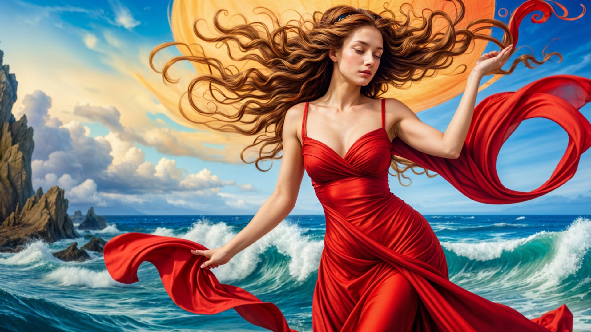 Woman in Red Gown by Ocean at Sunset
