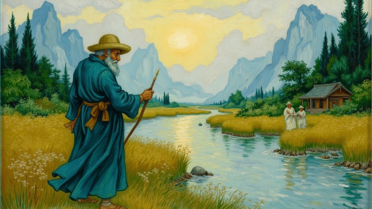 Elderly Man by Tranquil River in Serene Landscape