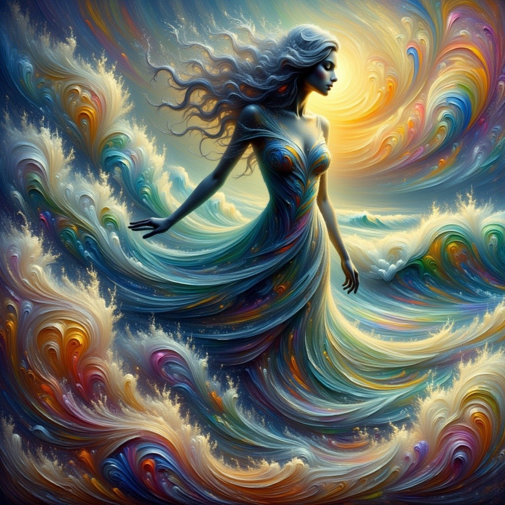 Ethereal Woman Among Vibrant Ocean Waves and Clouds