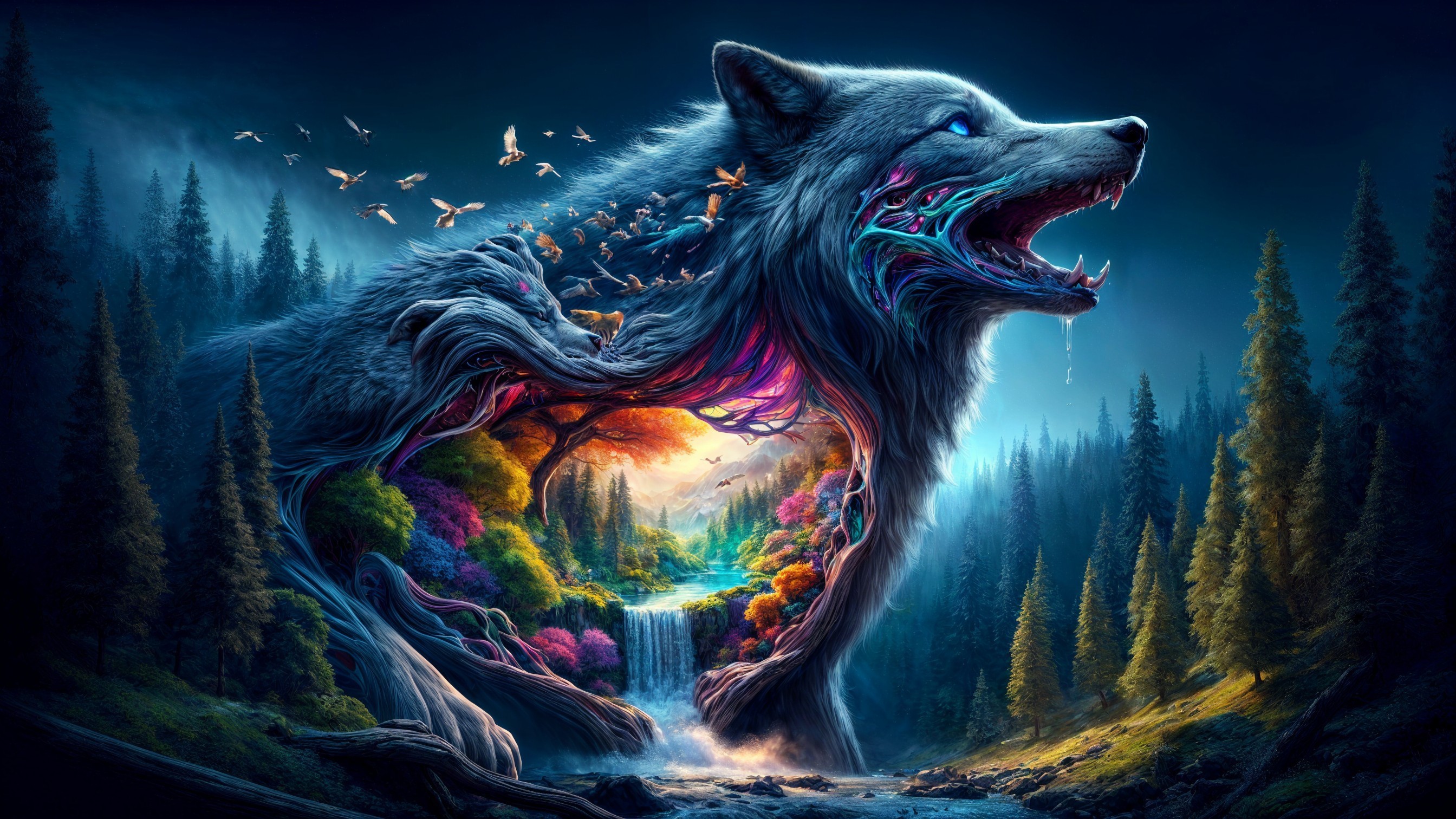 Wolf in Enchanted Forest with Birds and Waterfall