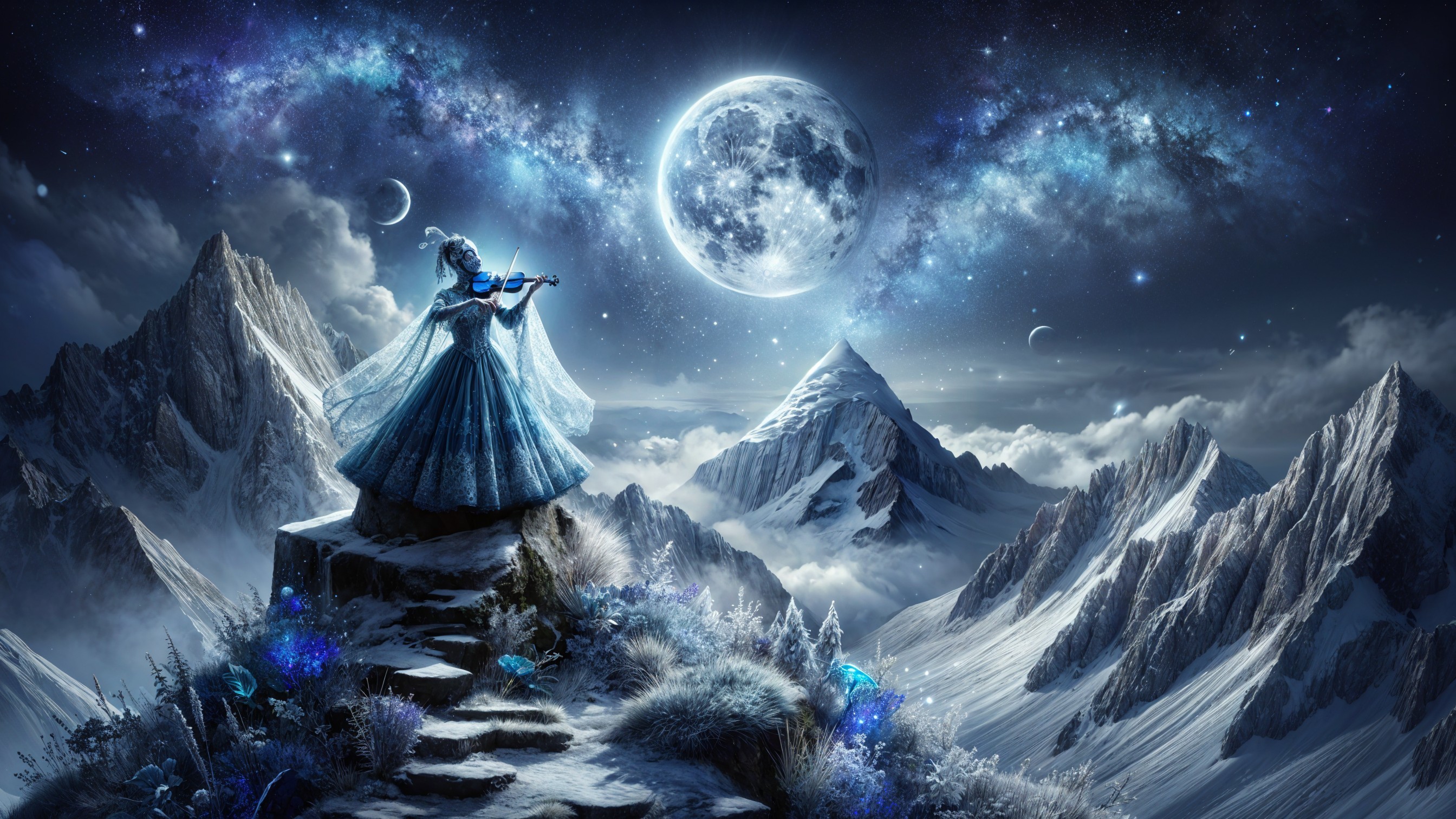 Violinist in Blue Gown on Snowy Mountain Under Stars