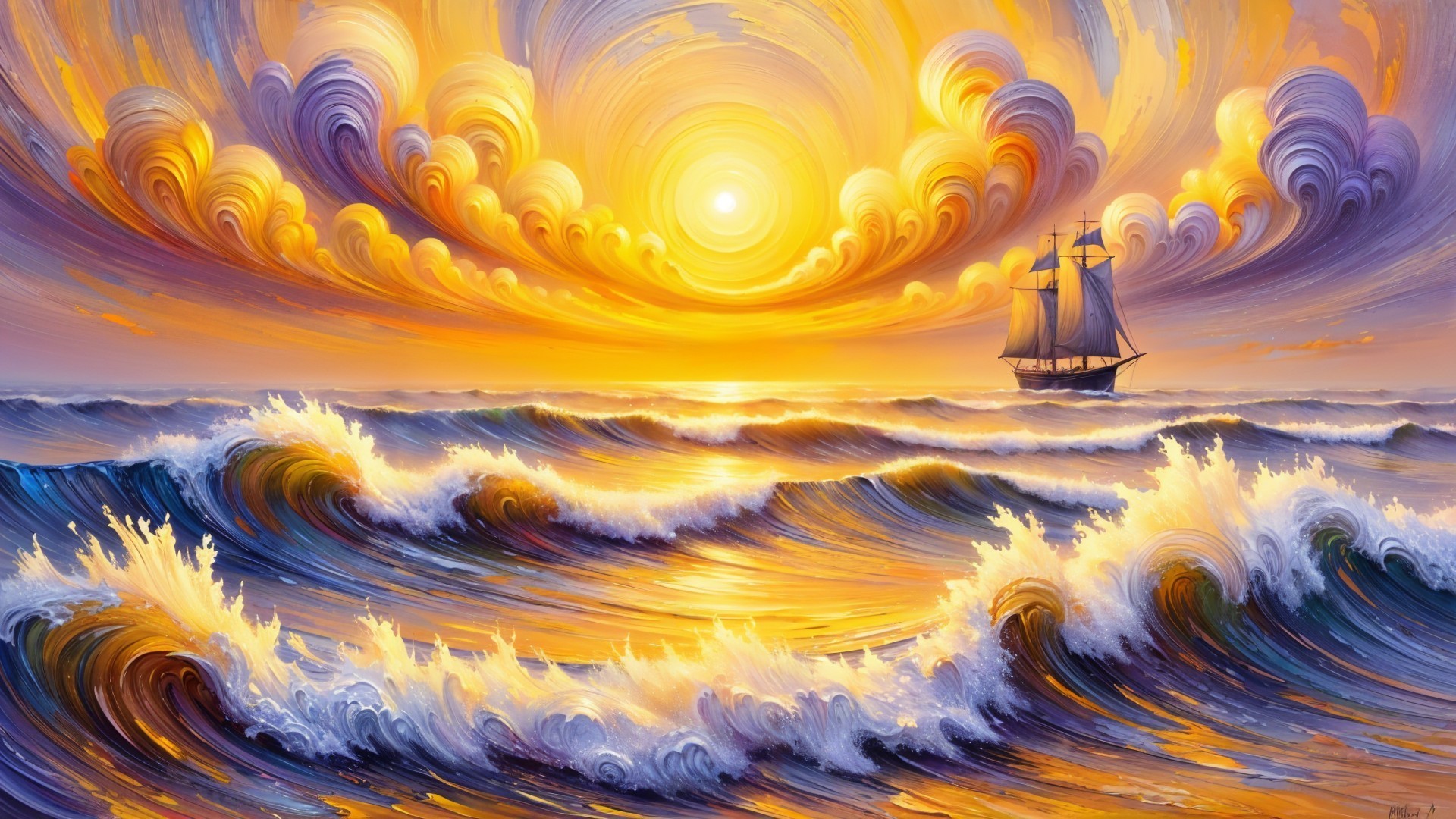Majestic sunset over dynamic waves and a sailing ship