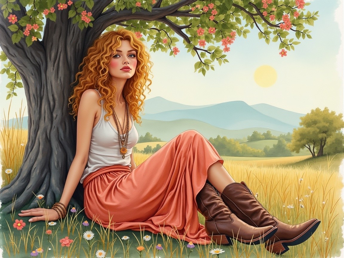 Young woman in casual attire under a large tree