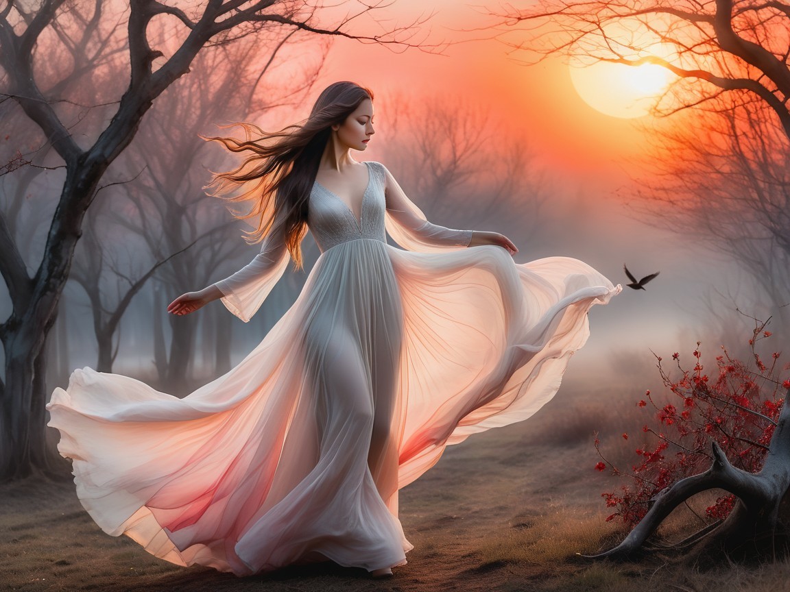 Young Woman in White Dress Dances at Sunset