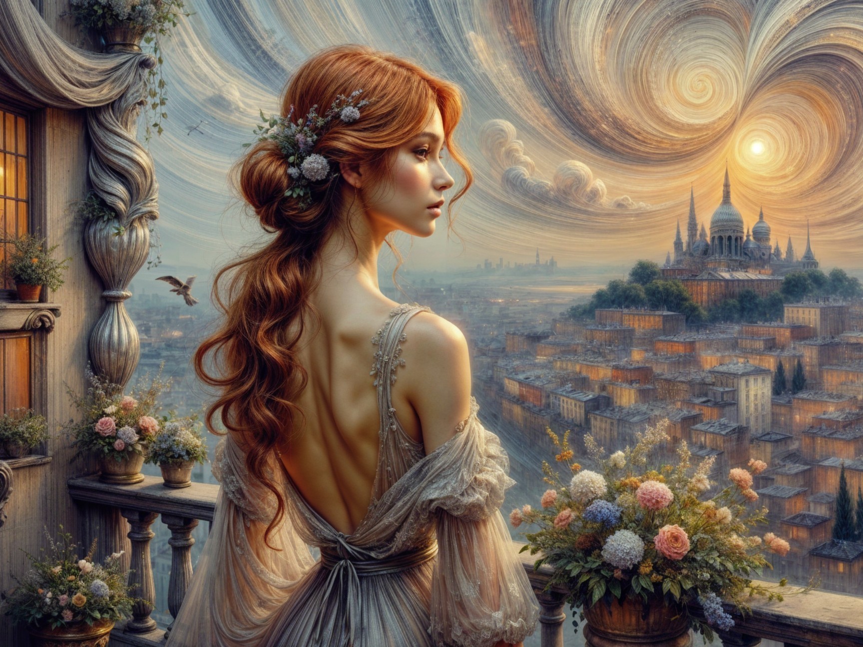 Young woman on balcony with vibrant cityscape view