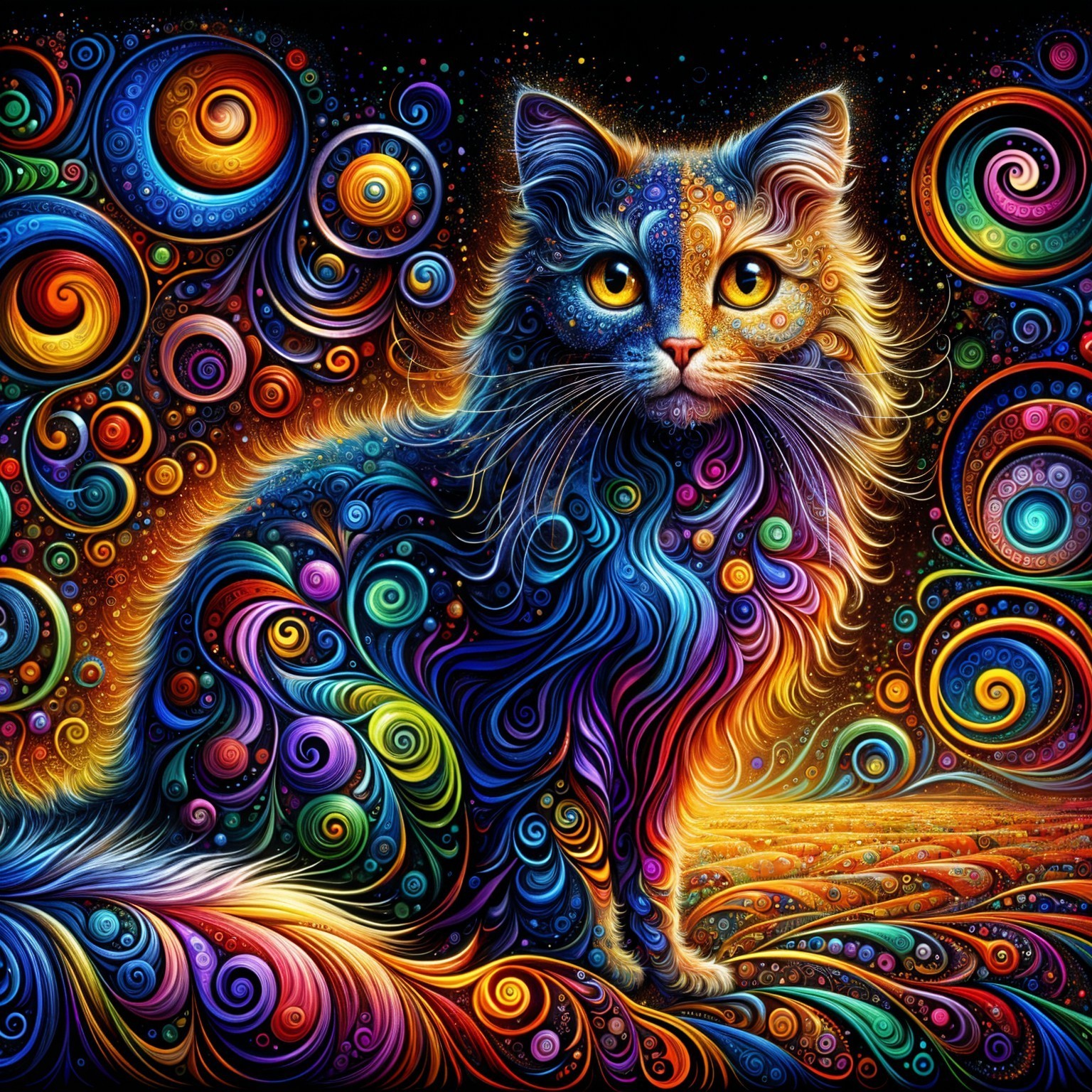 Colorful Cat Against Cosmic Swirling Background