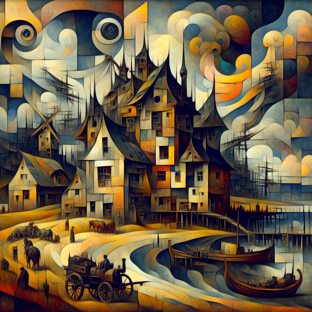 Whimsical Abstract Village with Twisted Rooftops
