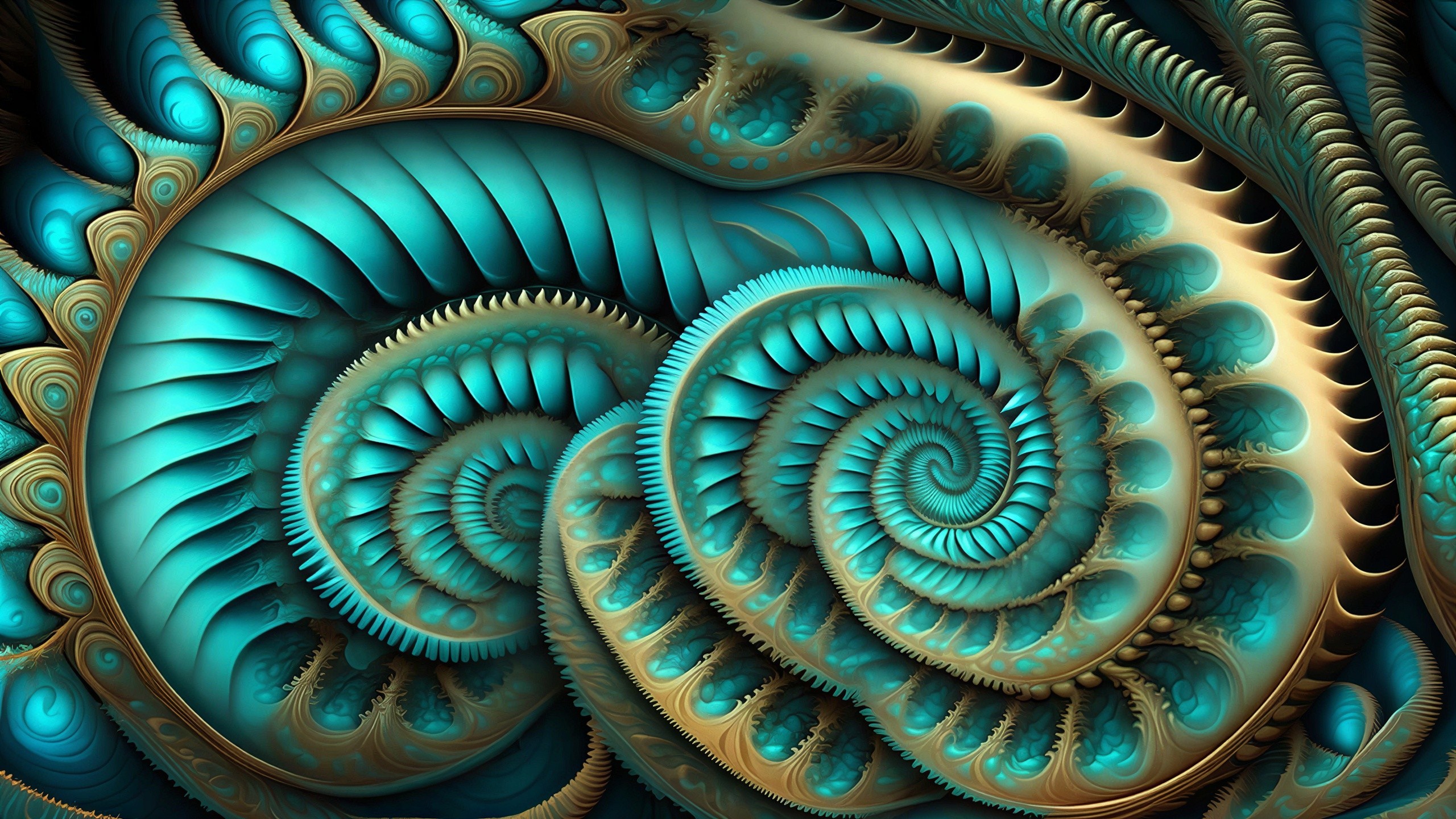 Fractal Artwork Featuring Turquoise and Gold Spirals