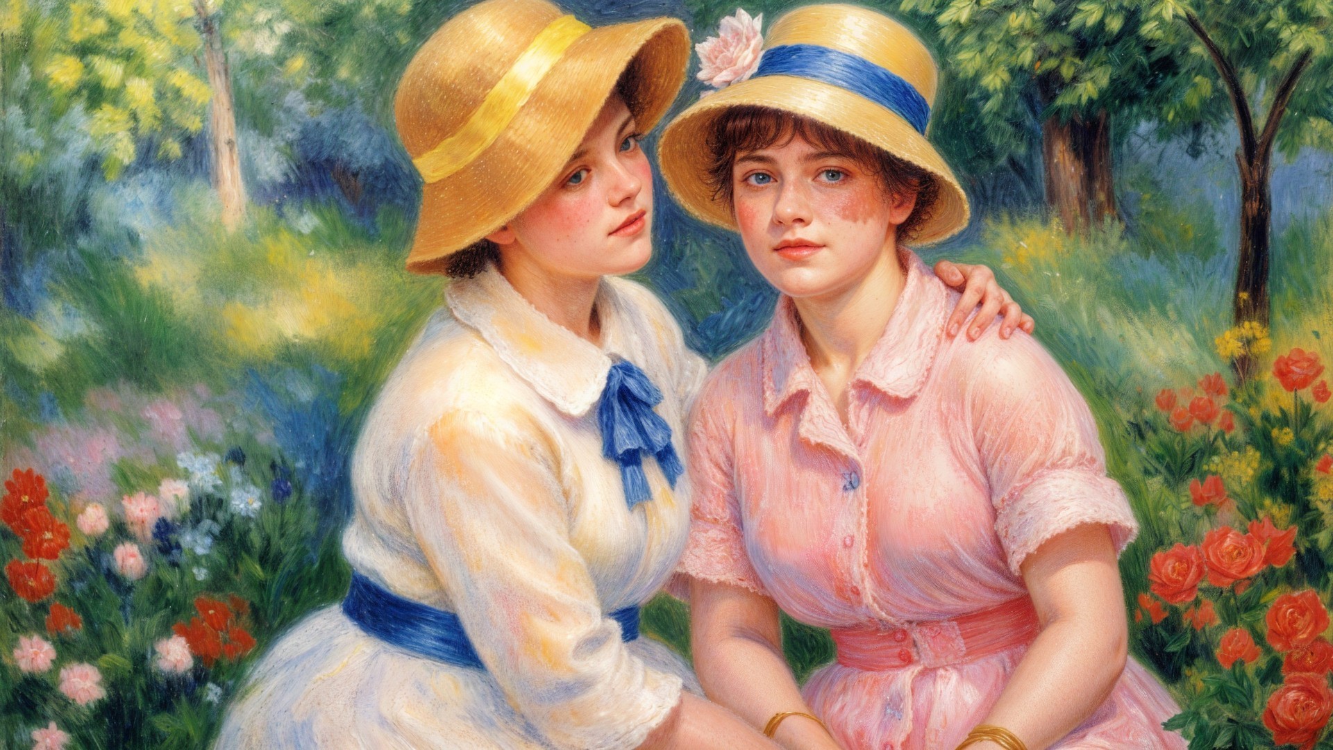 Young women in pastel dresses in a blooming garden