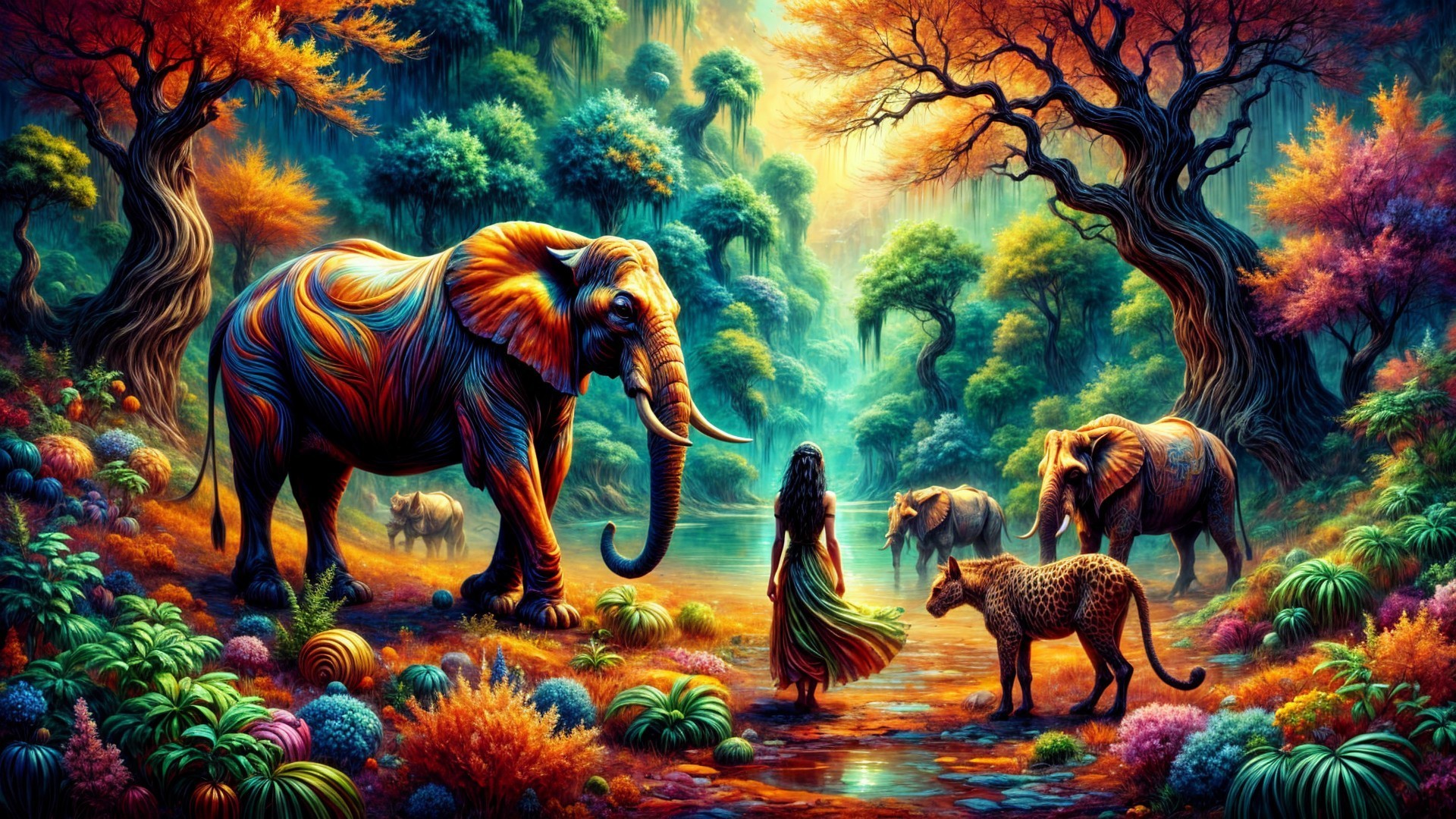 Young Woman in Mystical Forest with Elephants and Leopard