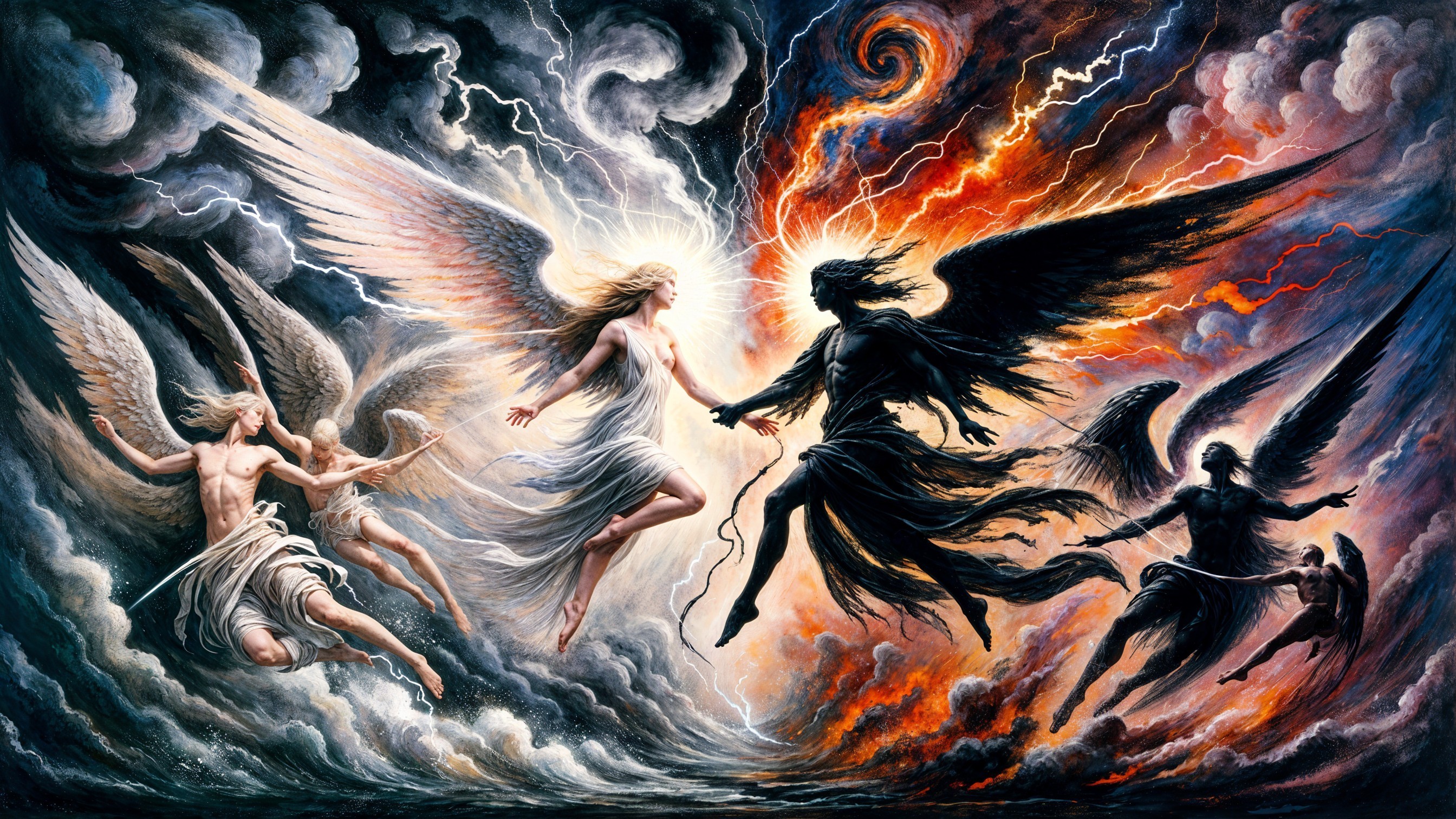 Celestial Scene of Light and Darkness with Angels and Shadows