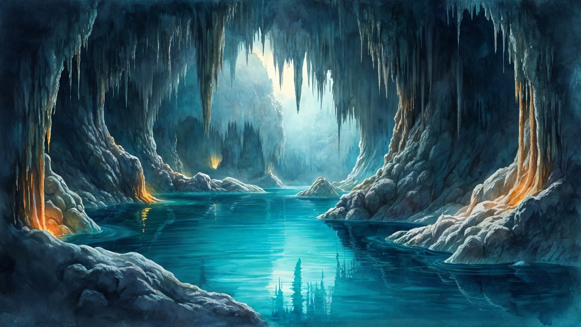 Mystical Underground Cavern with Glowing Stalactites