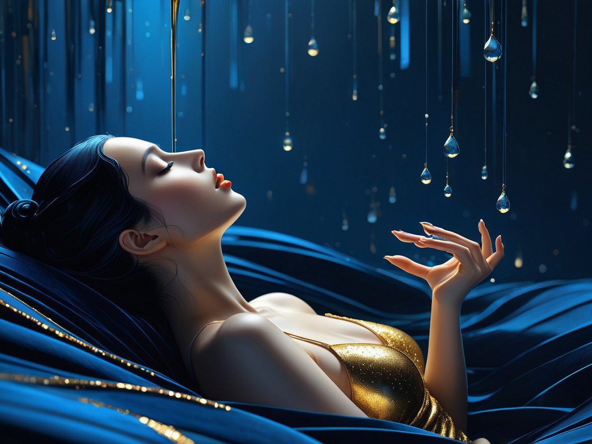 Serene figure on blue fabric with soft lighting