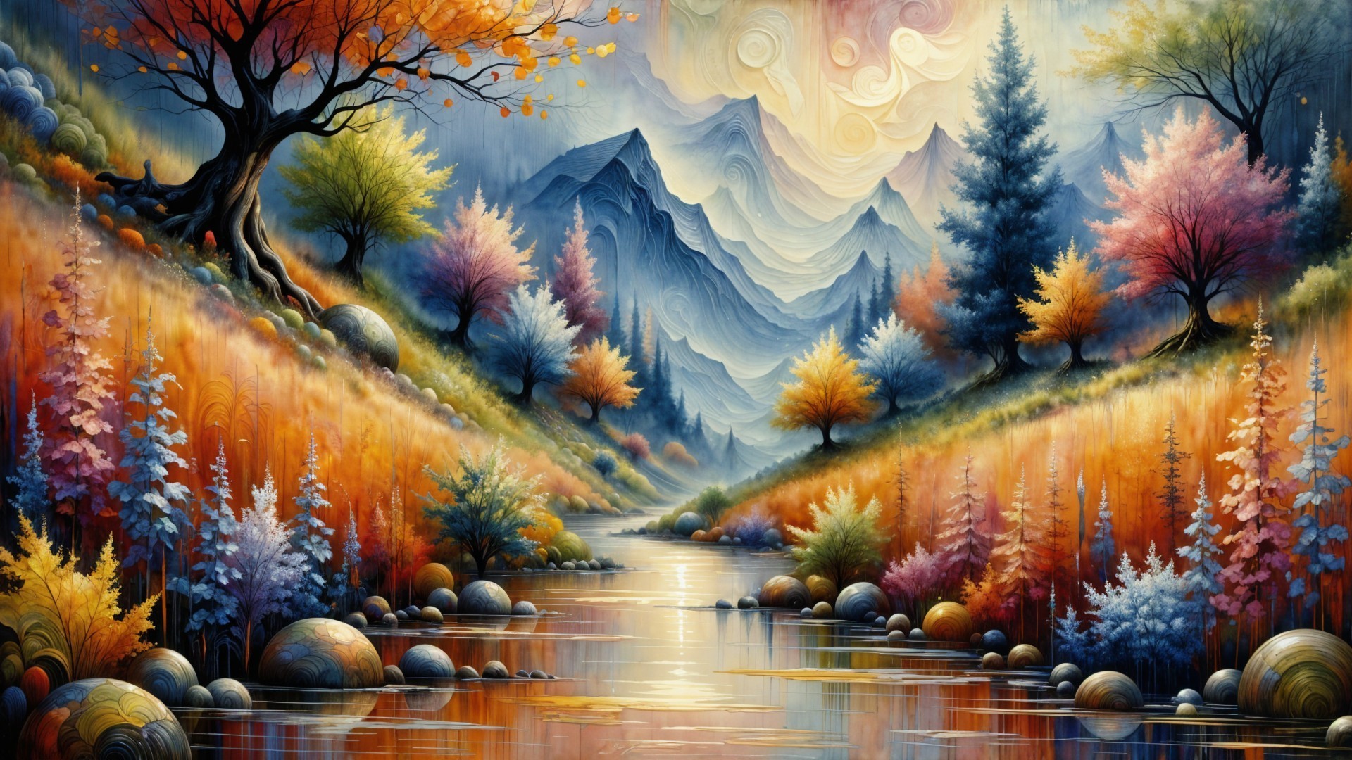 Vibrant Autumn Landscape with Rolling Hills and River