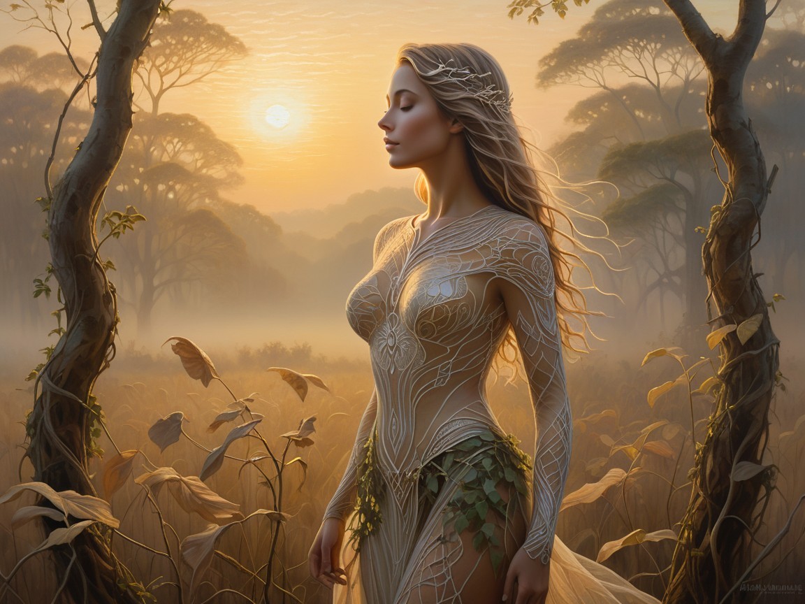 Dawn Scene with Mystical Figure in Nature-Inspired Outfit
