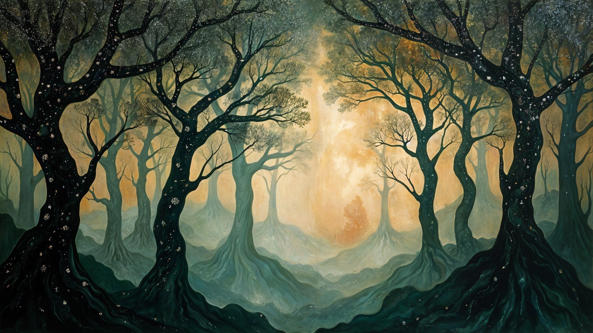 Mystical forest scene with ethereal light and stars