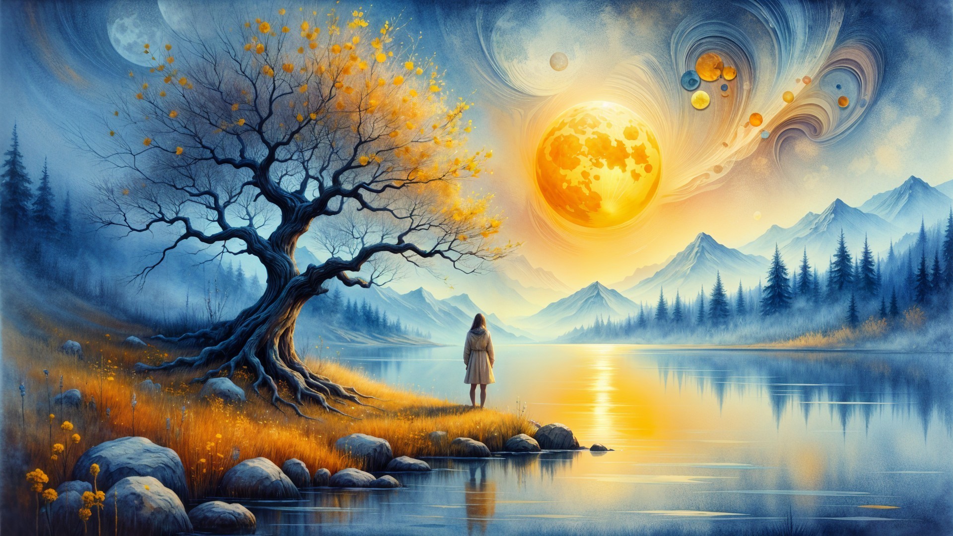 Surreal Landscape with Lake, Planets, and Mountains