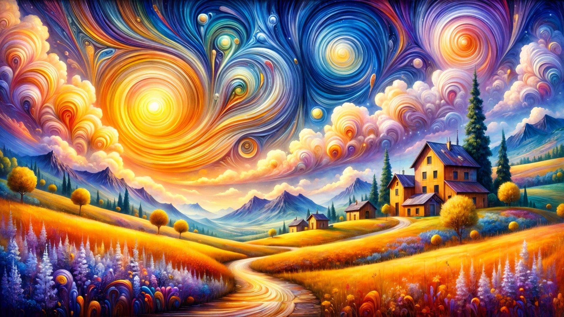 Vibrant Landscape with Colorful Wildflowers and Hills