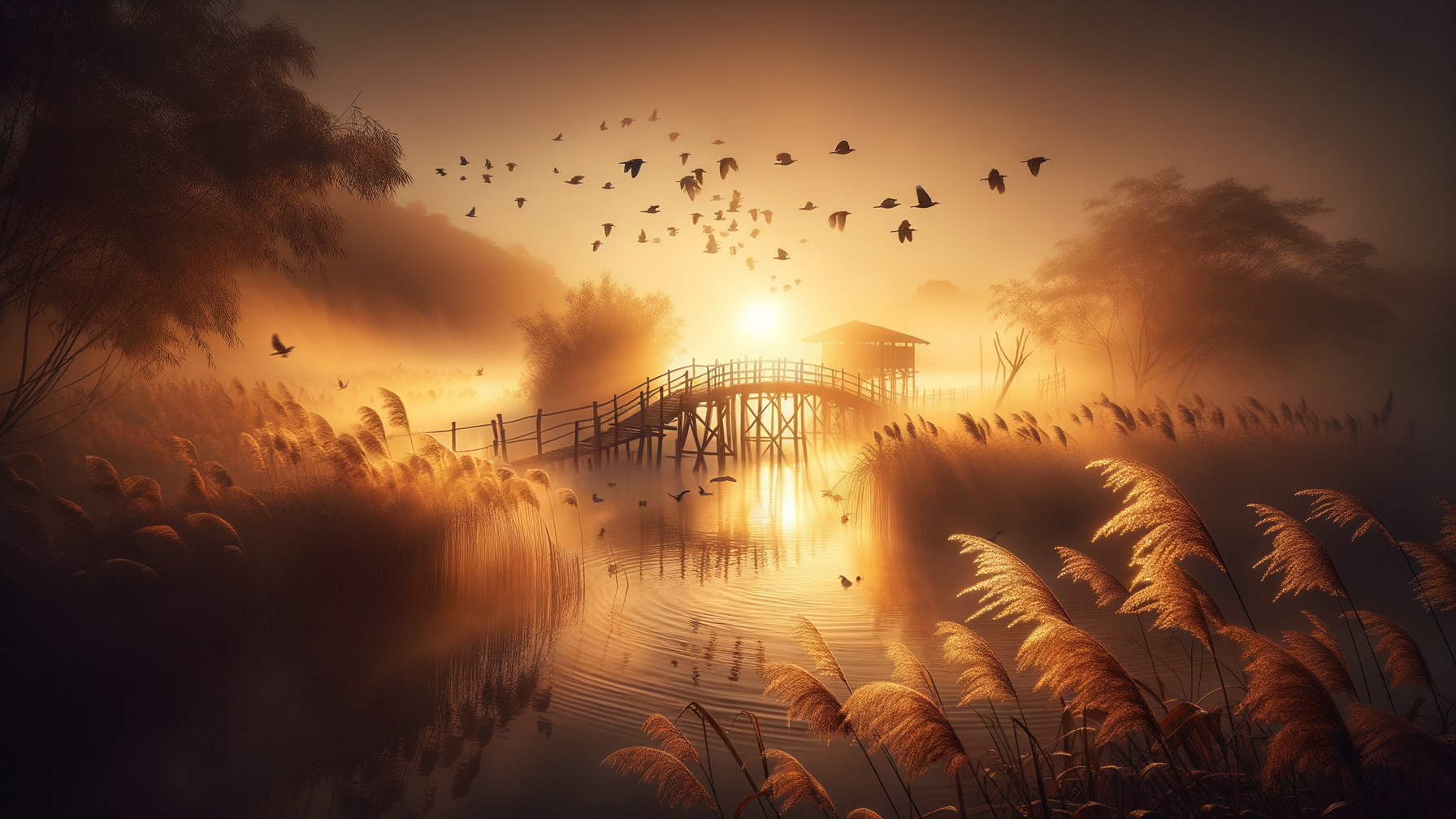 Serene Dawn Landscape with Wooden Bridge and Fog