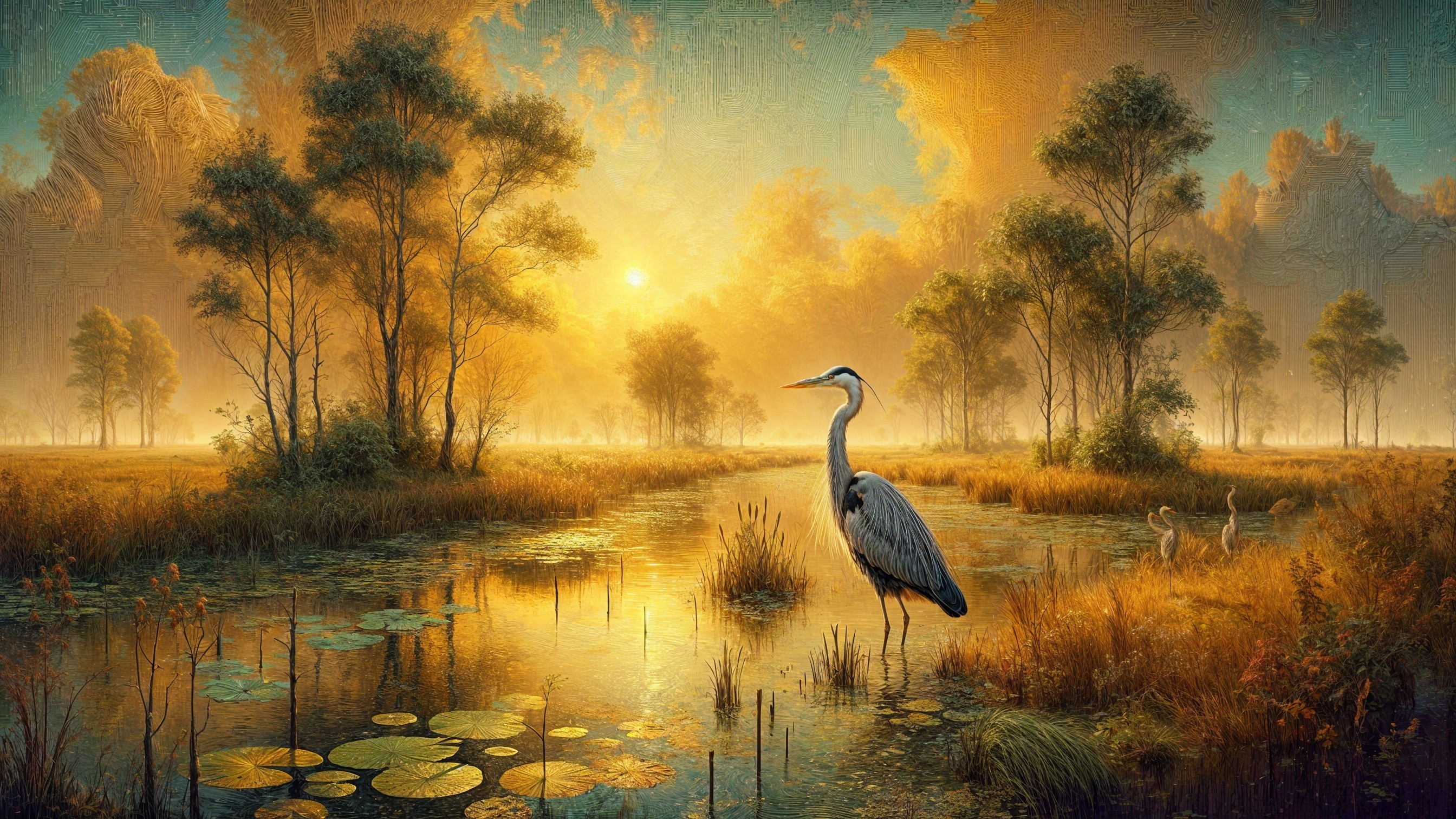 Tranquil Sunrise Landscape with Pond and Heron