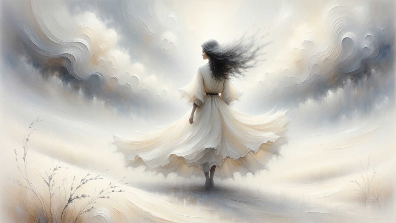 Lone Figure in White Dress in Dreamlike Landscape