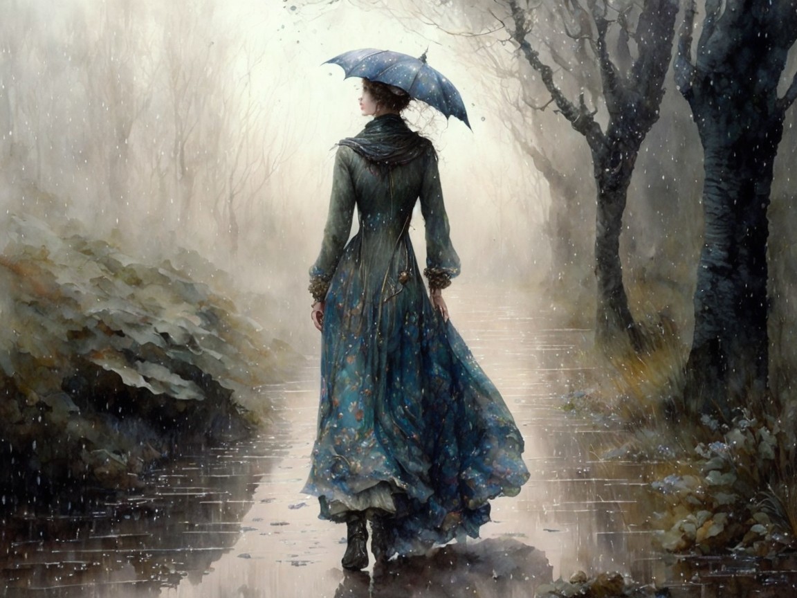 Woman in Blue Dress on Misty Path with Umbrella