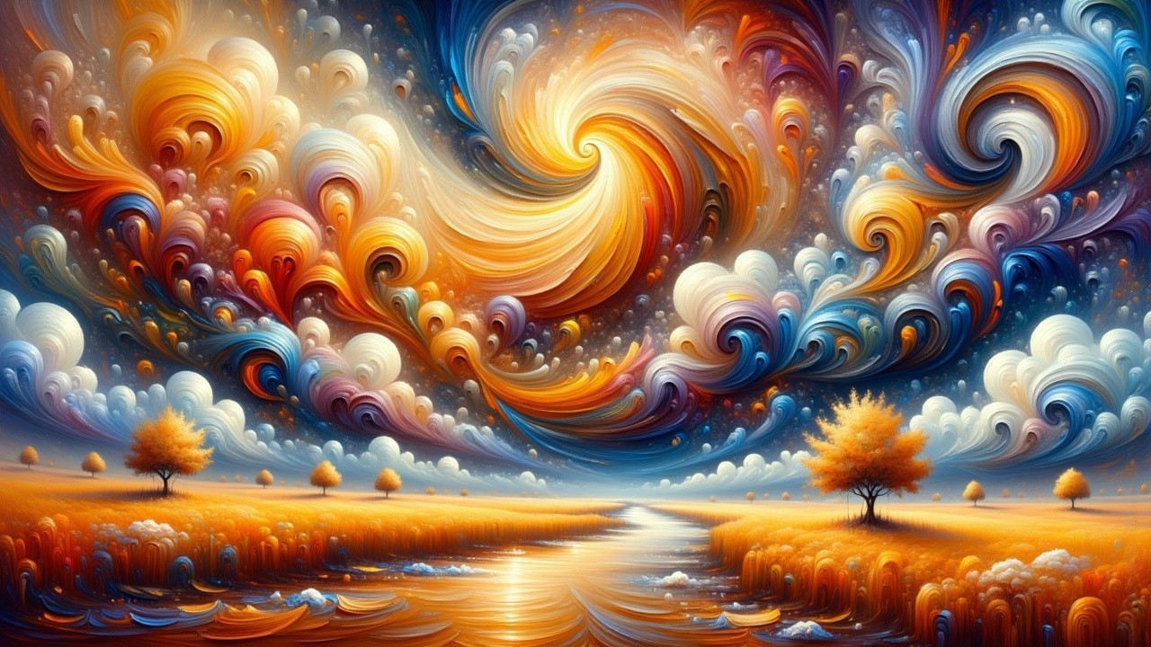 Vibrant Landscape with Colorful Clouds and Calm River