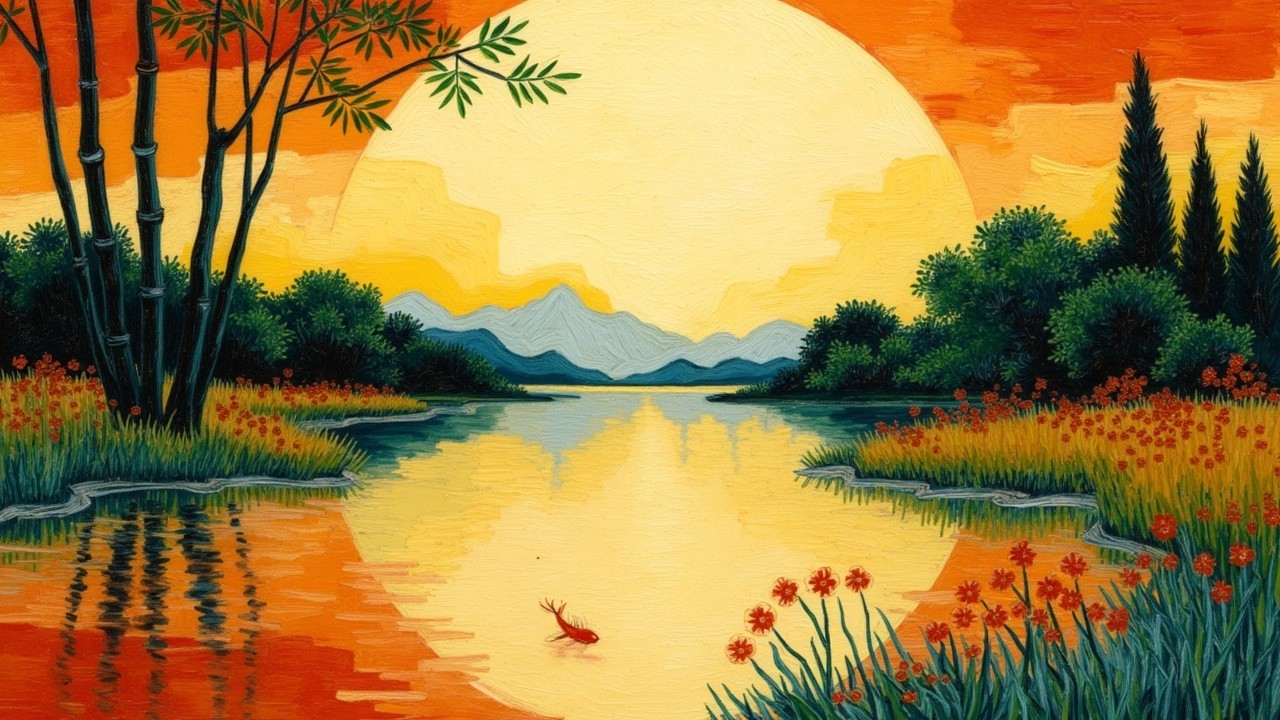 Vibrant Sunset Over Serene Lake with Mountains and Flora