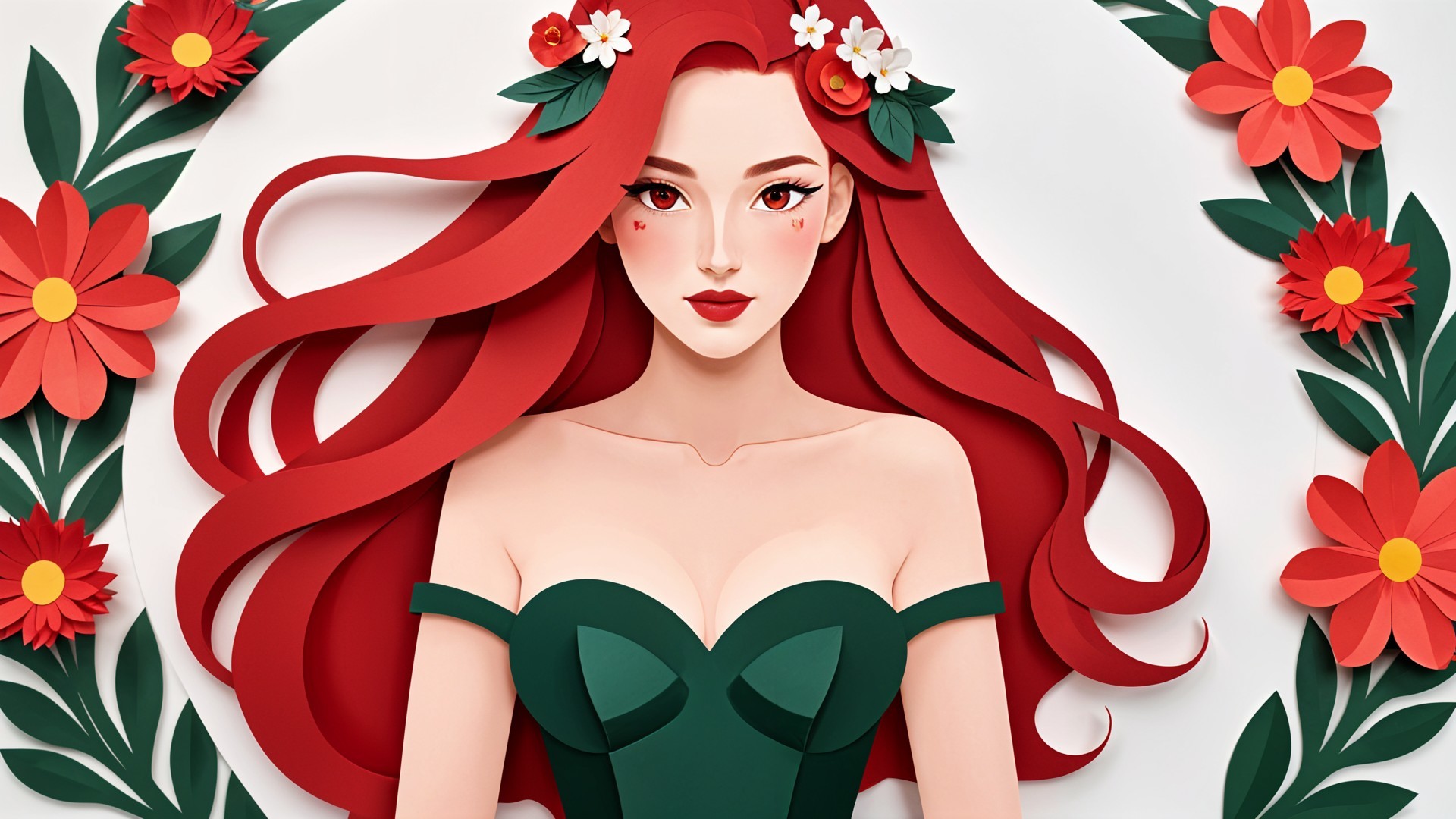 Paper-Cut Art of Woman with Red Hair and Flowers