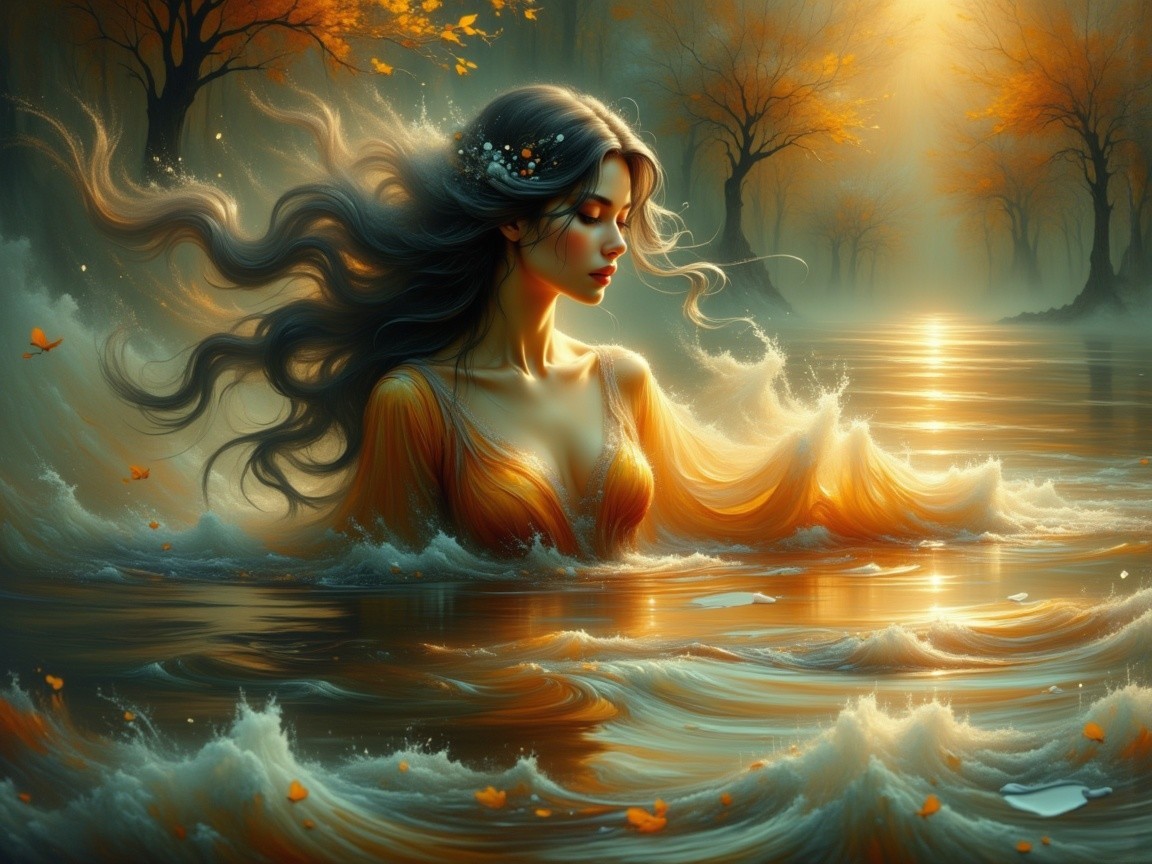 Serene Woman in Golden-Orange Gown by Tranquil Water